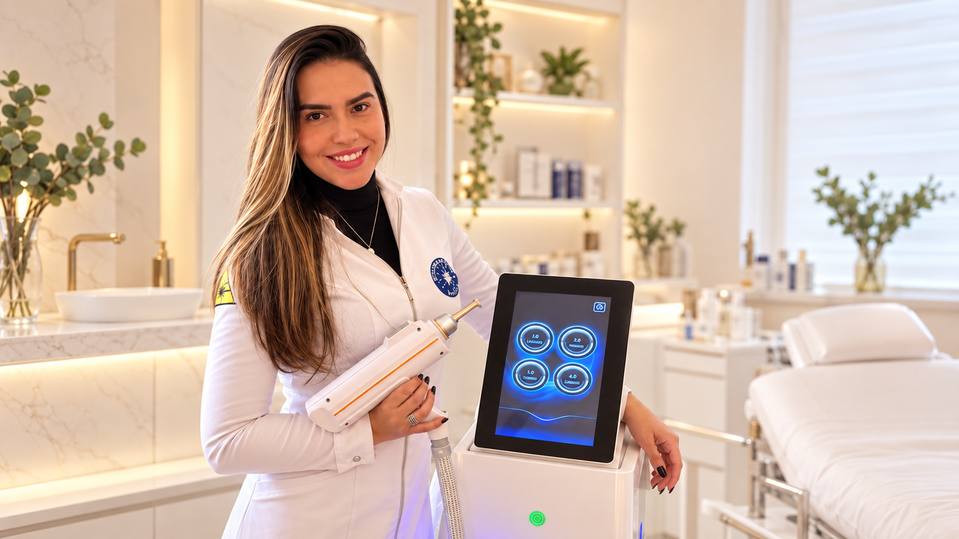 Evany Neves com equipamento de laser na Eva Derm