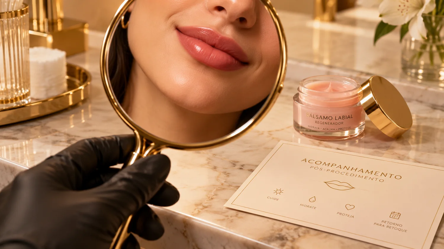 Espelho dourado, lábios rosados e cuidados pós-micropigmentação labial