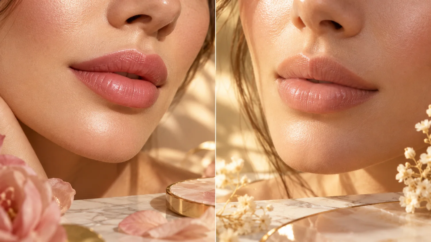 Comparação editorial de lábios rosé Nano Lips e lábios nude Natural Lips