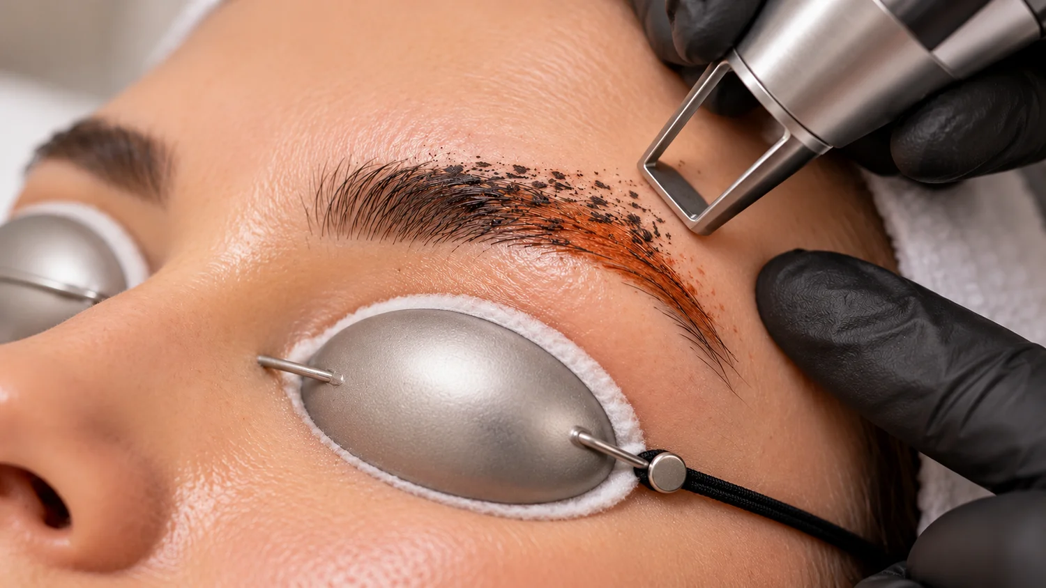 Sobrancelha com pigmentação laranja residual após laser e proteção ocular clínica